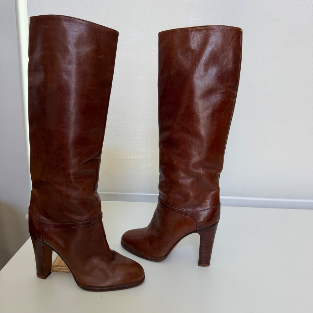 VTG Gilardini Firenze Italian Leather Boot 70s 80s Block Heel Knee High Brown 38